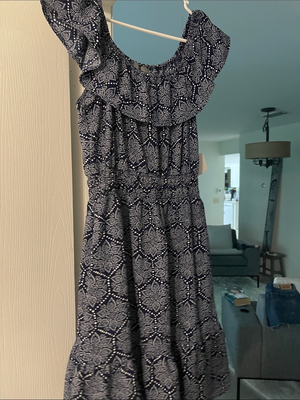 One-Shoulder Navy Printed Ruffle Dress